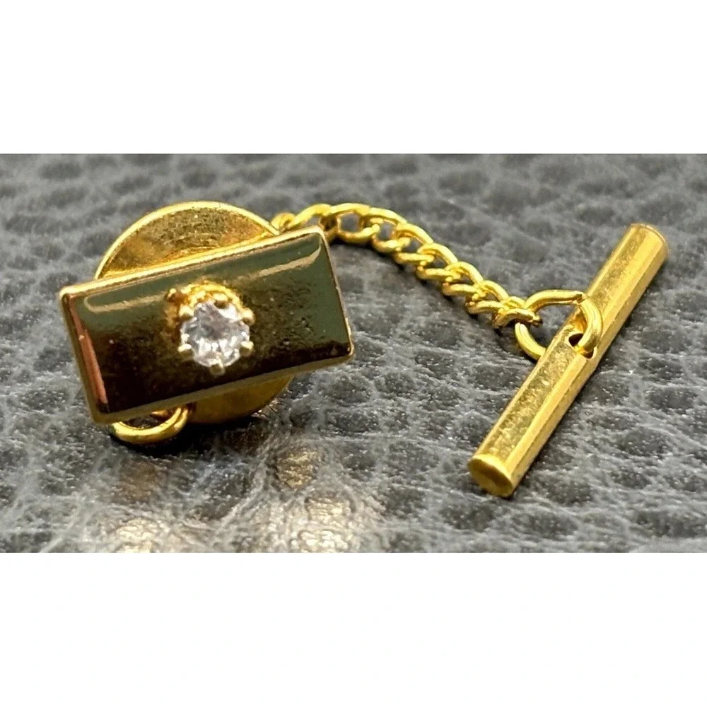 Vintage Men's Tie Tack Rectangle Bar Clear Cubic Zirconia Lapel Pin Gold Tone